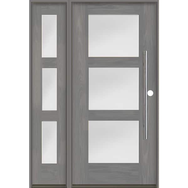Krosswood Doors Faux Pivot 50 in. W. x 80 in. 3-Lite Left-Hand/Inswing Satin Glass Malibu Grey Stain Fiberglass Prehung Front Door LSL