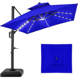 10 ft. Solar LED 2-Tier Square Cantilever Patio Umbrella Base Included in Resort Blue