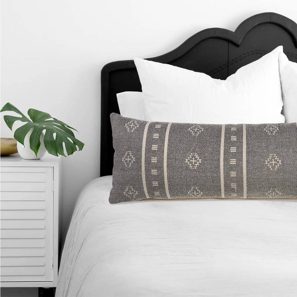 Gray and Cream Embroidered Lumbar Pillow, 36 x 14 Inch