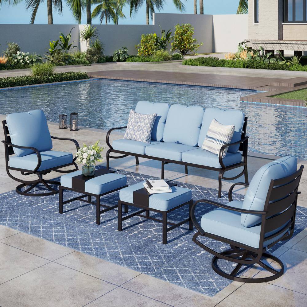 Black 5 Piece Metal Slatted 7 Seat Outdoor Patio Conversation Set with Blue Cushions 2 Swivel Chairs 2 Ottomans