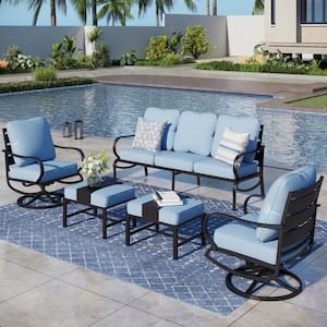 Black 5-Piece Metal Slatted 7-Seat Outdoor Patio Conversation Set with Blue Cushions, 2 Swivel Chairs, 2 Ottomans