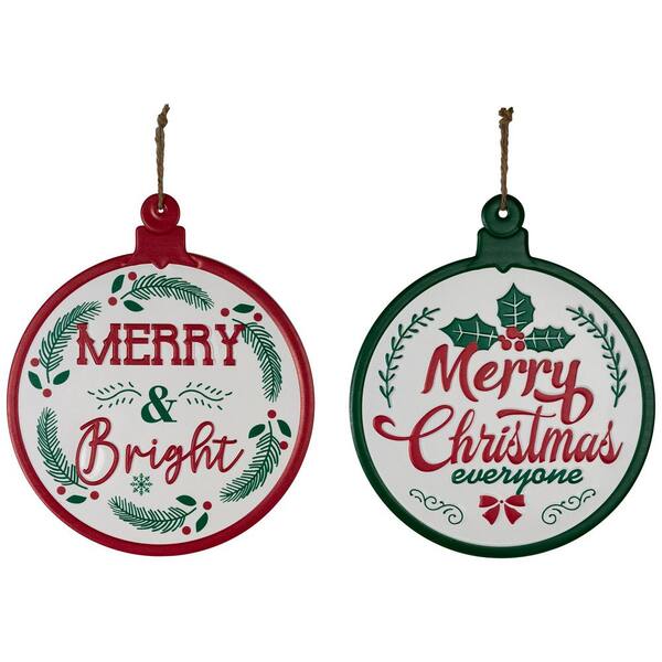 Merry and Bright Ornament Style Metal Christmas Wall Signs-14 "-Red and Green-Set of 2