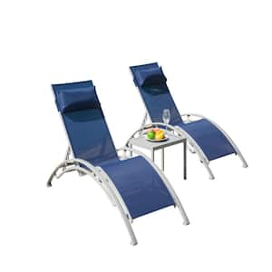 3-Piece Outdoor Adjustable Aluminum Chaise Lounge Chairs with with Detachable Pillow and Metal Side Table, Blue