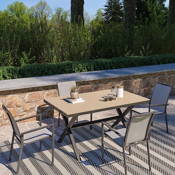 Kadehome Bronze 5 of Piece Aluminum Rectangular Standard Height Outdoor Dining Set with Teslin Backrest and Plastic Wood Tabletop