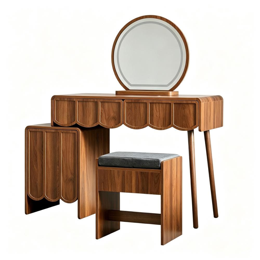 Walnut Scalloped Drawer Vanity Table Set with LED Mirror, Storage Cabinet & Upholstered Stool, Makeup Dressing Table
