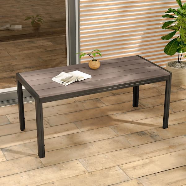 Rectangular Brown Metal and Wood Grain Table Patio Outdoor Coffee Table