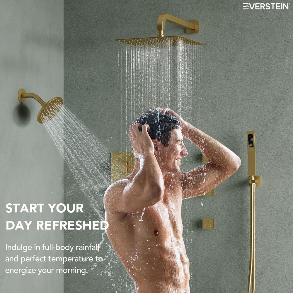 Gold Thermostatic 12" Triple Showerhead System with Handheld