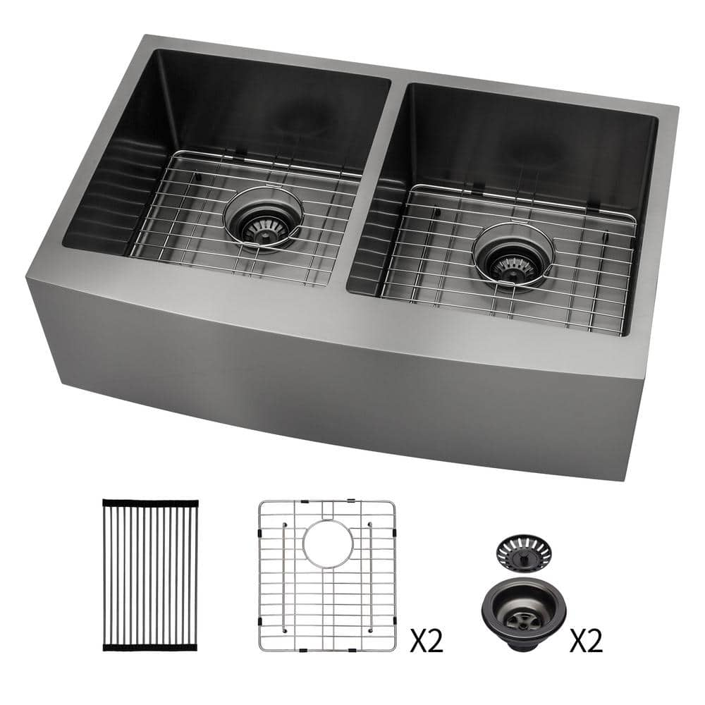 33 in. Farmhouse/Apron Front Double Bowl (50/50) 16-Gauge Gunmetal Black Stainless Steel Kitchen Sink with Drying Rack -  ANGELES HOME, W128CK608