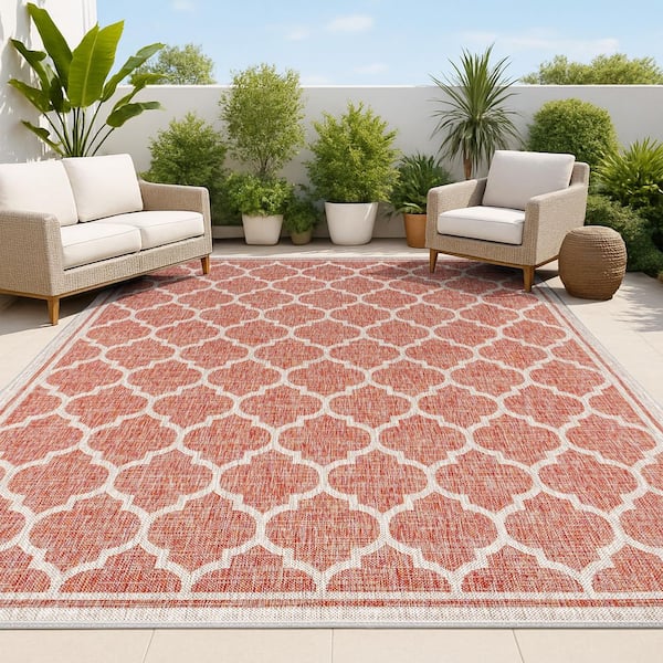 Trebol Moroccan Trellis Textured Weave Red/Beige 9 ft. x 12 ft. Indoor/Outdoor Area Rug