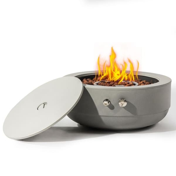 24 in. Propane Grey Round Steel Outdoor Fire Pit Table with Electronic Pulse Igniter