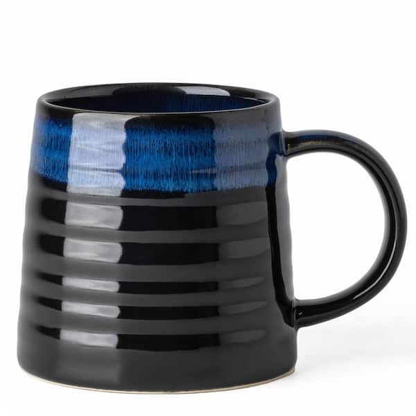 16 oz. Black and Blue Creamic Tea Cups with Handle, Handmade Wide Bottom Pottery Mug, Dishwasher and Microwave Safe