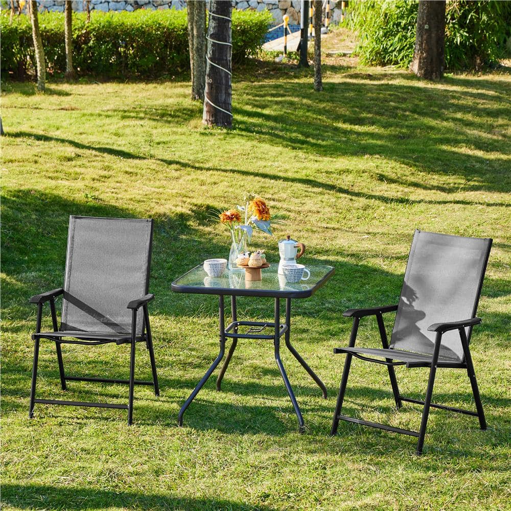 Gray Steel Folding Arm Dining Chairs, Set of 2