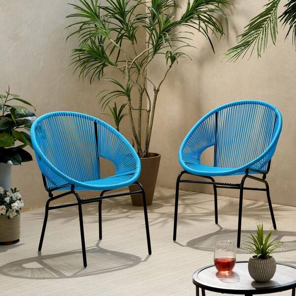 Blue Metal Rattan Outdoor Lounge Chairs, Patio Weave Club Chairs