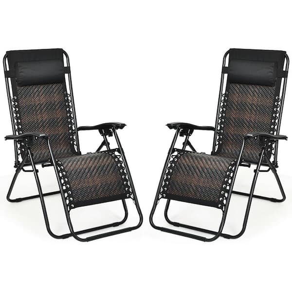 Costway Folding Recliner Mix Brown Rattan Zero Gravity Wicker Patio Lounge Chair with Headrest (Set of 2)