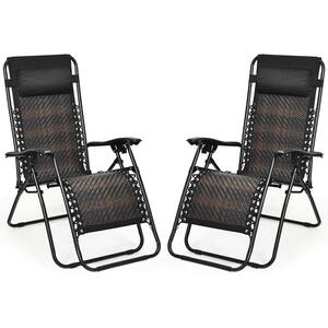 Folding Recliner Mix Brown Rattan Zero Gravity Wicker Patio Lounge Chair with Headrest (Set of 2)