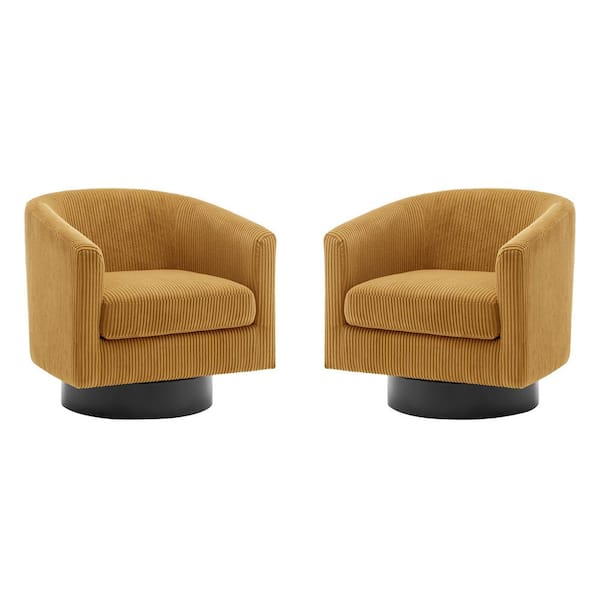 Uixe Modern Orange Corduroy Fabric Upholstered 360°Swivel Accent Arm Chair With Wood Base(Set of 2)