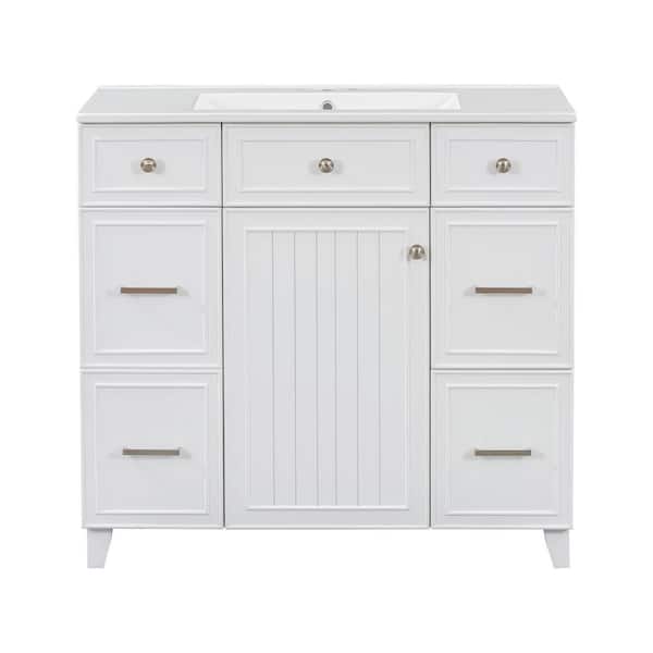 Virubi 36 in. W Single Sink Bath Vanity in White with White Ceramic Top, 3-Drawers, Solid Wood Frame