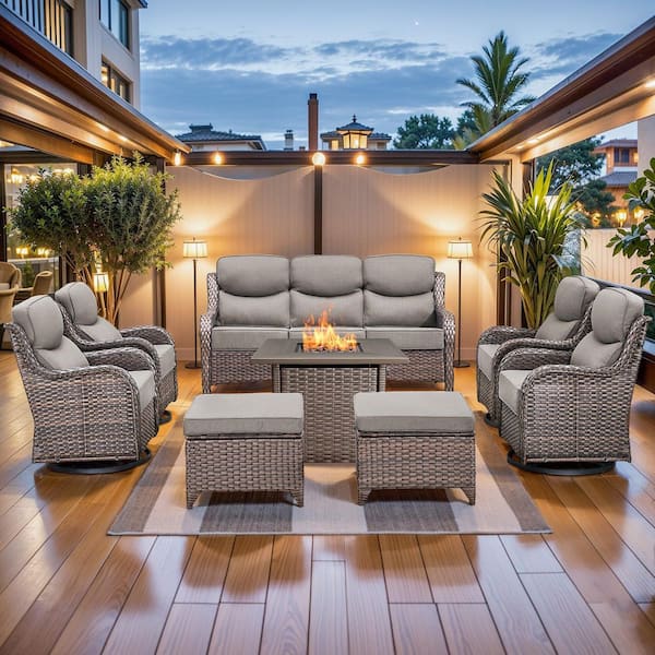 MoonLuxe Brown Wicker Fire Pit Conversation Set with Gray Olefin 6 in. Thick Cushions Patio Swivel Chairs (8-Piece)