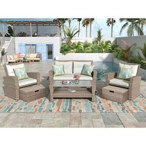 6-Piece Patio Furniture Set Wicker Outdoor Conversation Set with 2 Ottomans and Coffee Table Beige Cushions