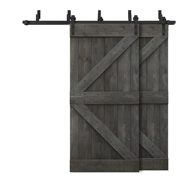 CALHOME 72 in. x 84 in. K Bypass Carbon Gray Stained DIY Solid Wood Interior Double Sliding Barn Door with Hardware Kit