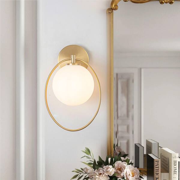 Rennnsan Kai 7.87 in. 1-Light Brass Ring Opal Glass Globe Wall Sconce