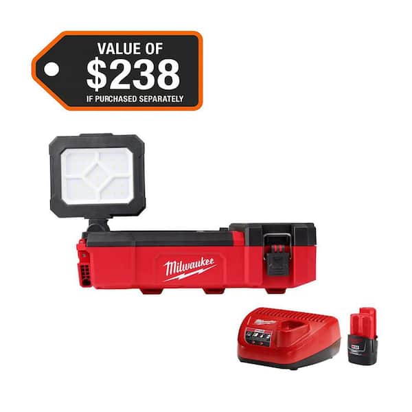M12 12-Volt Lithium-Ion Cordless PACKOUT Flood Light & M12 12-Volt Lithium-Ion Compact Battery Pack 2. 0Ah Starter Kit