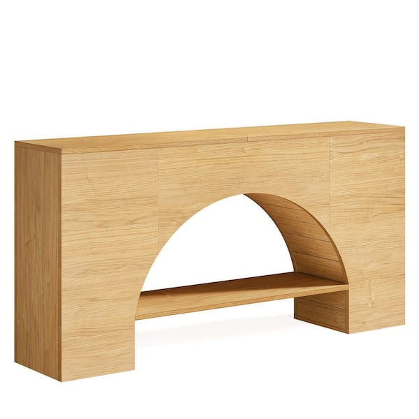 BYBLIGHT Turrella 63 in. Brown Rectangle Wood Console Table with Arched Base and 2-Tier Storage Shelves