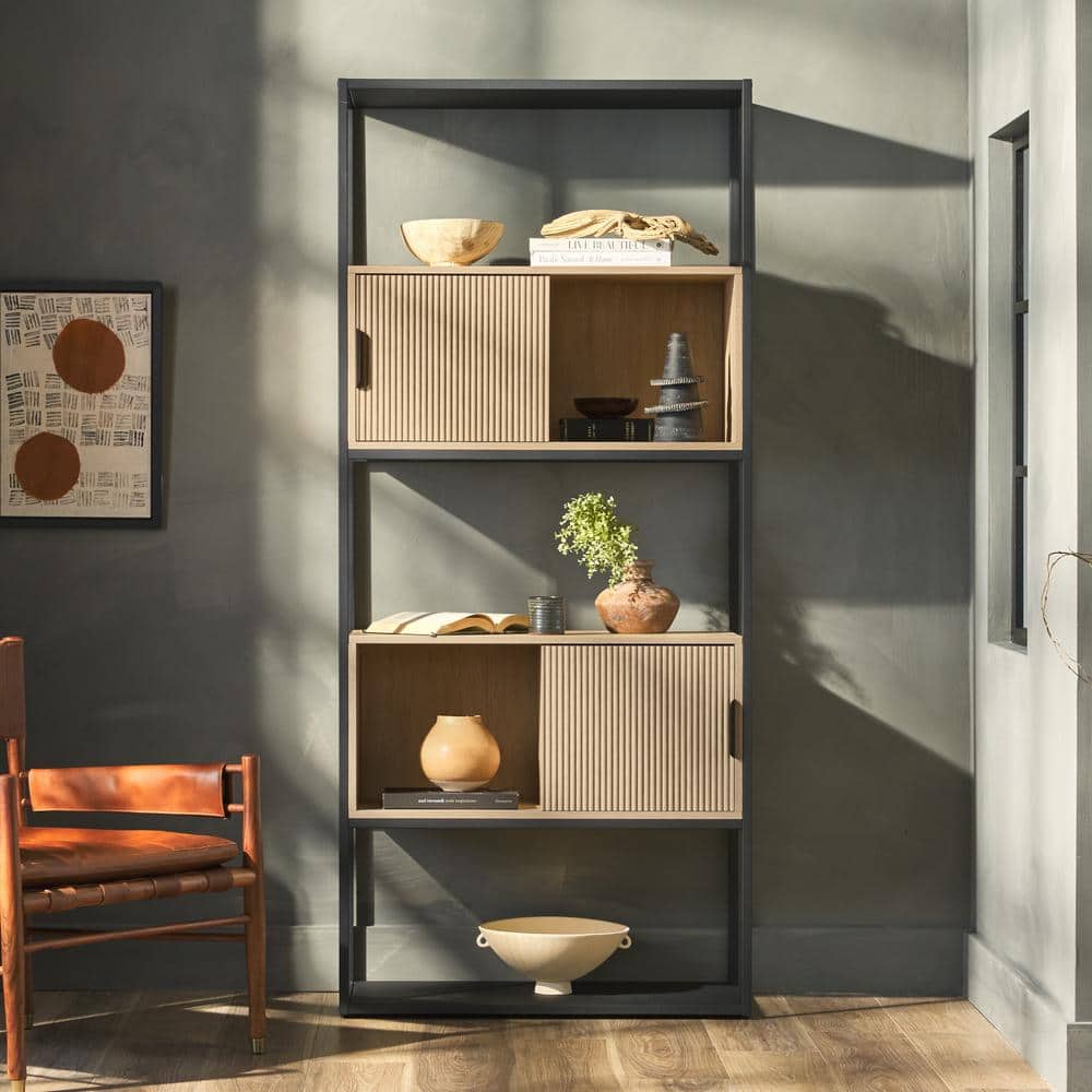Welwick Designs 75 in. Tall Coastal Oak Wood and Metal Modern 5-Shelf ...