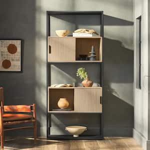 75 in. Tall Coastal Oak Wood and Metal Modern 5-Shelf Storage Bookcase with Sliding Doors