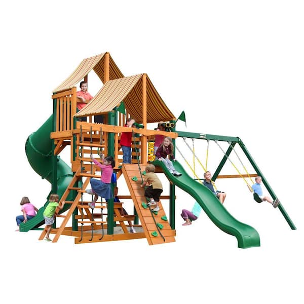 Gorilla Playsets Great Skye I with Timber Shield and Sunbrella Weston Ginger Canopy Cedar Swing Set