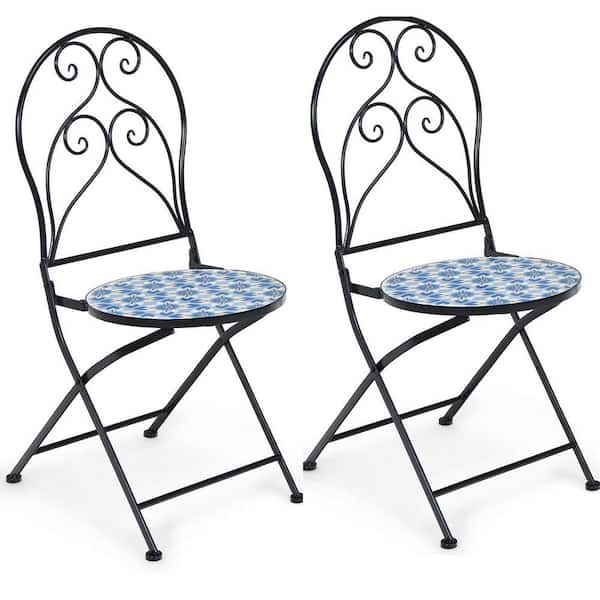 Gymax Folding Patio Bistro Chairs Mosaic Chairs Outdoor Dining Chairs (Set of 2)
