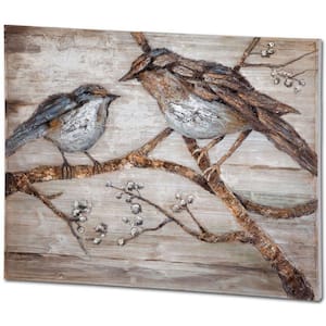 "Ici" Momma & Baby Bird - Original Hand Painted on Wood Oil Painting 48 in. x 36 in.