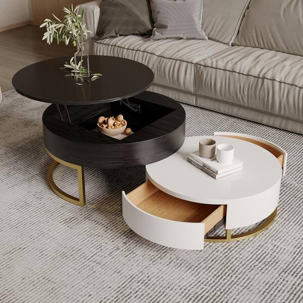 J E Home 59 06 In White And Black Round Lift Top Wood Coffee Table With Rotatable Drawers Storage Je Ct1816bw Black Round Lift Top Wood Coffee Table, Round Lift Up Coffee Table