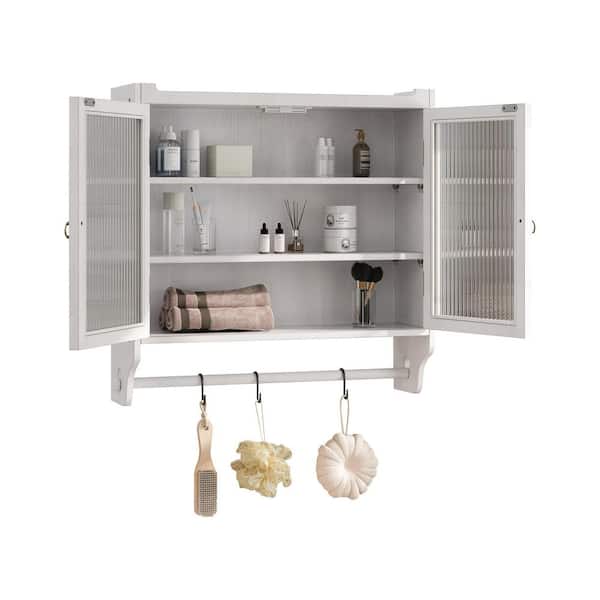 Vintage 24.8 in. Glass Double-Door Cabinet with 3 Tiers & Towel Rack-White Washed