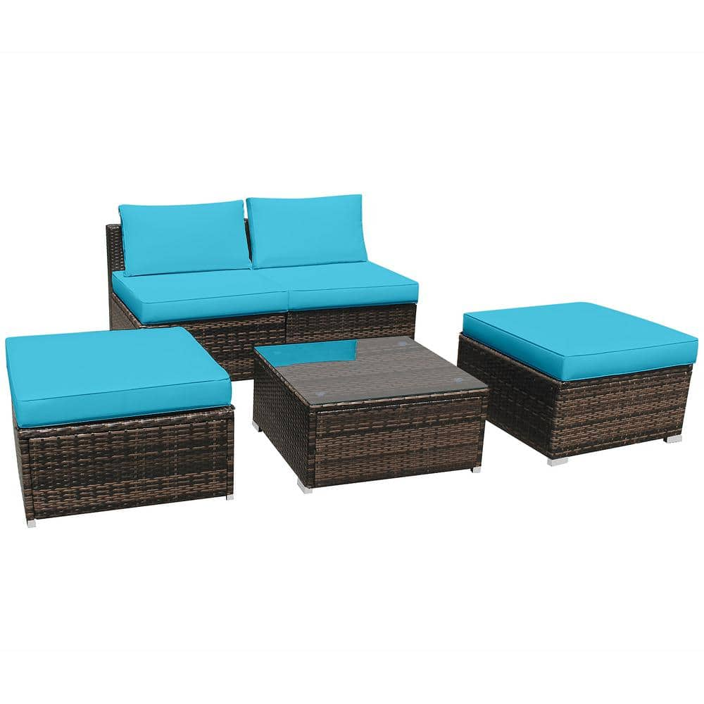 5-Piece Wicker Outdoor Sectional Set Patio Sofa Set Lounge Chair with Turquoise Cushions -  HONEY JOY, TOPB003105