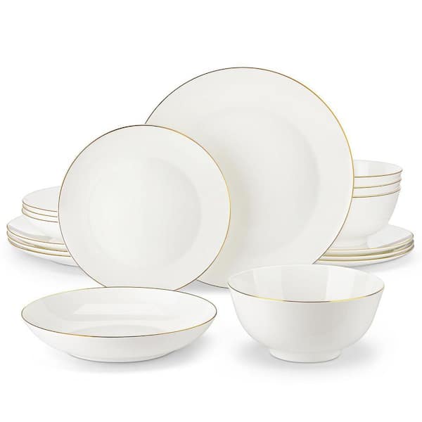 16-Piece White with Gold Rim Bone China Dinnerware Set Service for 4 Tableware Bowls and Plates Set for Kitchen Dining