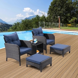 5-Piece Wicker All Weather Outdoor Patio Conversation Set with Blue Cushions and Ottomans for Poolside Garden Balcony