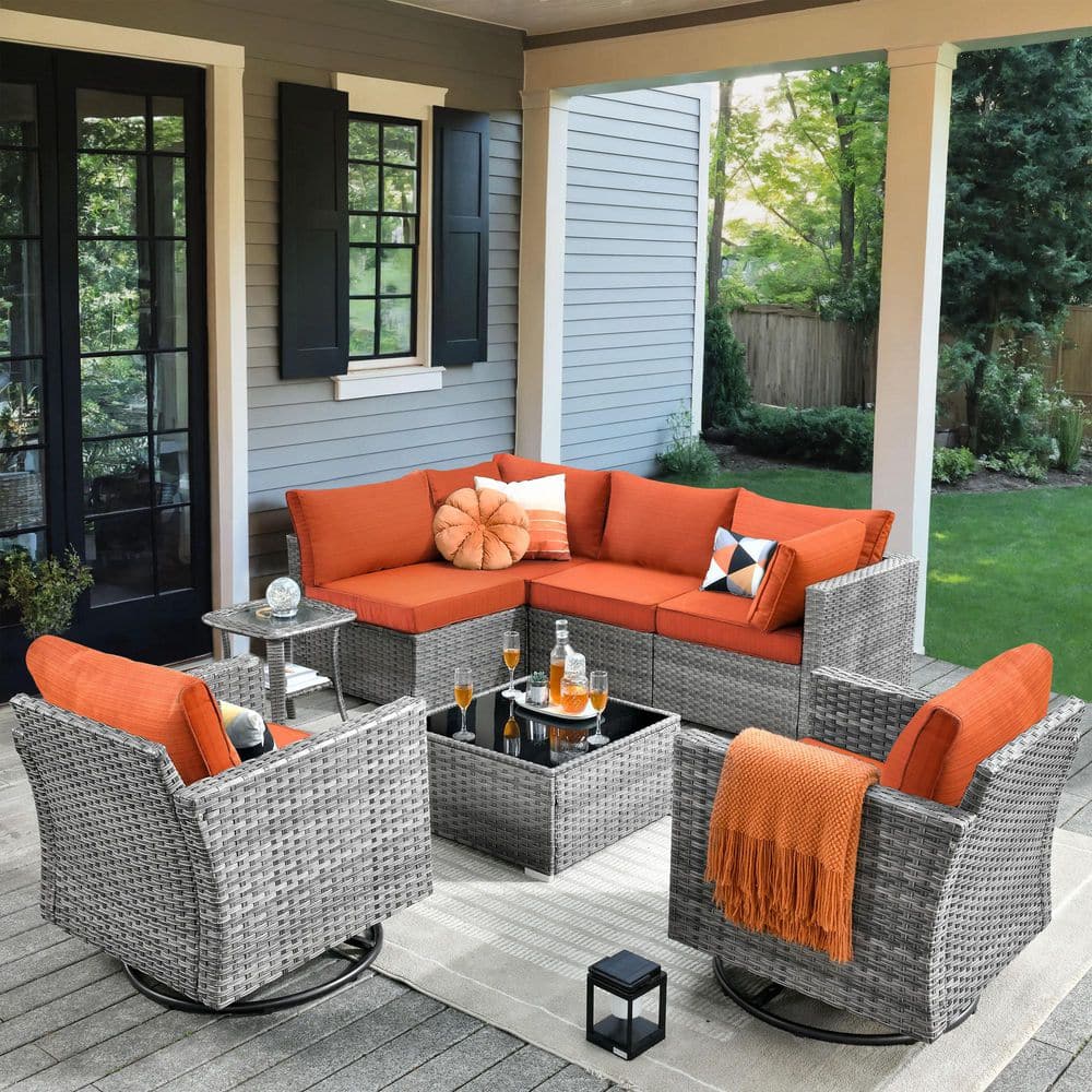Daffodil K Gray 8-Piece Wicker Patio Outdoor Conversation Sofa Set with Swivel Rocking Chairs and Orange Red Cushions price history on PriceWatchPro