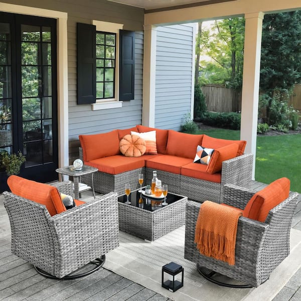 Daffodil K Gray 8-Piece Wicker Patio Outdoor Conversation Sofa Set with Swivel Rocking Chairs and Orange Red Cushions