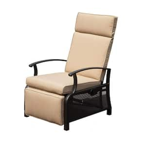 Black Metal Outdoor Adjustable Backrest Lounge Chair with Side Table and Beige Cushions