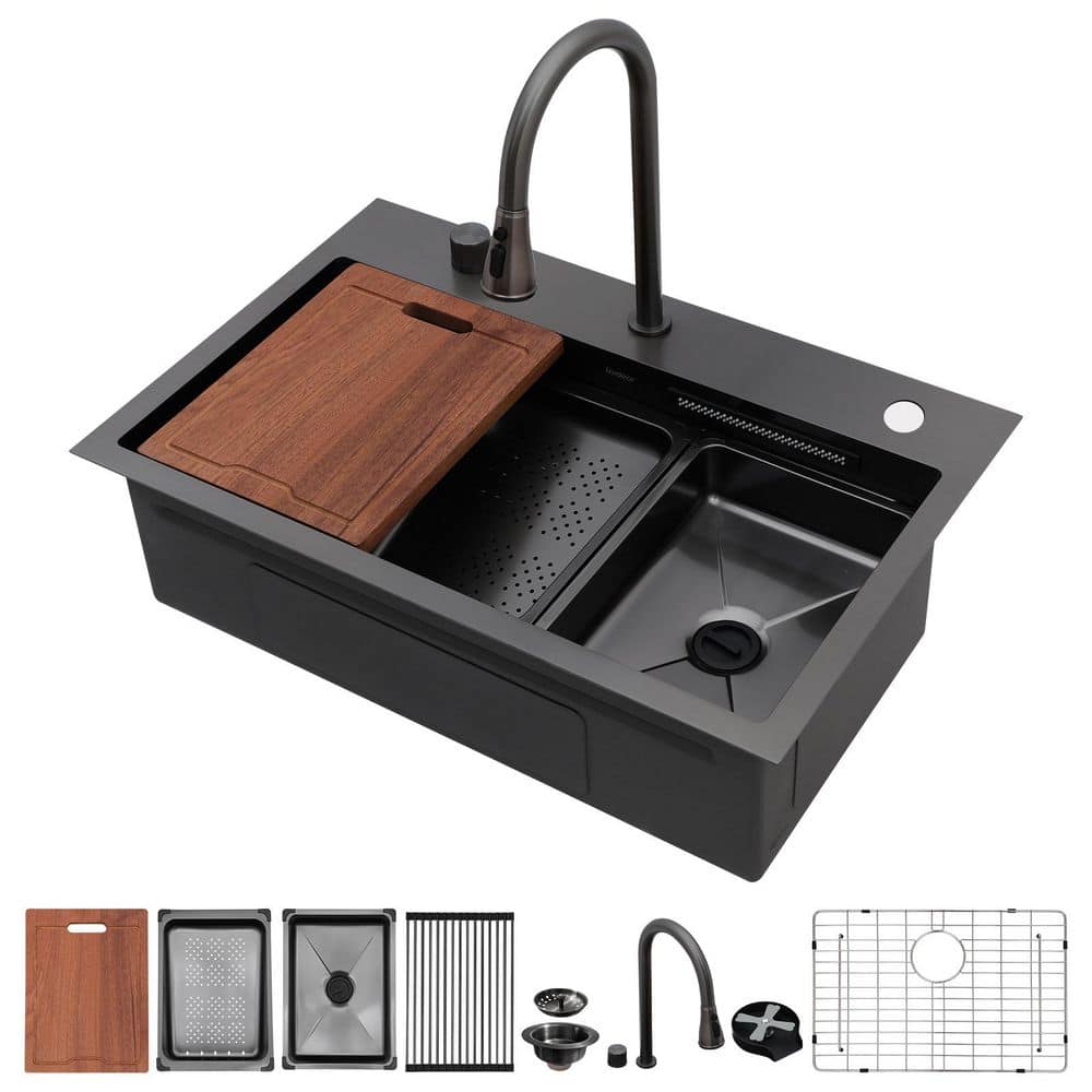 33 Inch Drop-In Kitchen Sink Workstation With Faucet – Gunmetal Black 16 Gauge Stainless Steel