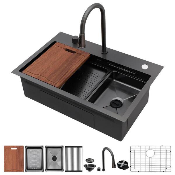33 in. W x 22 in. D Gun Black Drop-in Single Bowl Waterfall Quartz Composite Workstation Kitchen Sink w/ Pull Out Faucet