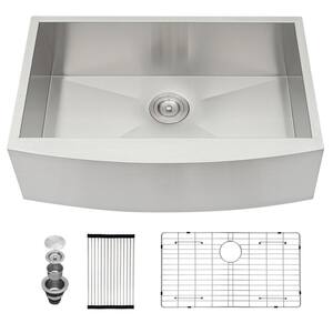 Brushed Nickel Stainless Steel 30 in. Single Bowl Farmhouse Apron Kitchen Sink with Bottom Grid