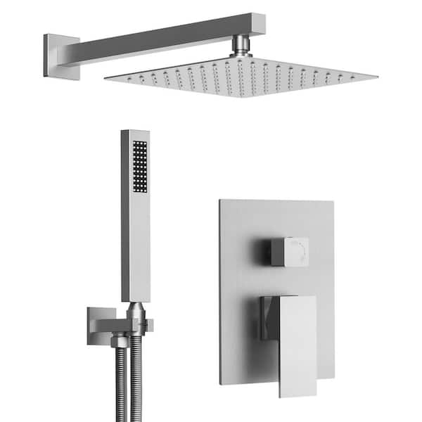 10 in. 2-Spray Square High Pressure Wall Bar Shower Kit with Hand Shower 2.5 GPM in Brushed Nickel (Valve Included)