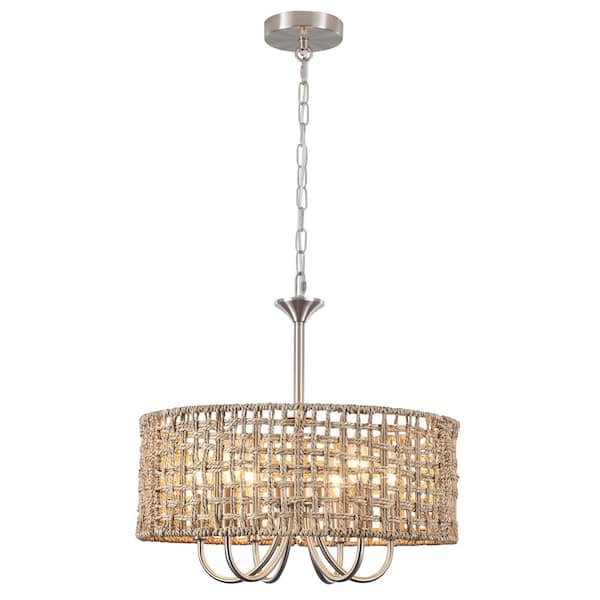 LWYTJO 18 in. 6-Light Nickel Bohemian Candle Drum Chandelier w/ Hand-Woven Natural Rattan Shade for Living Room Entryway Porch