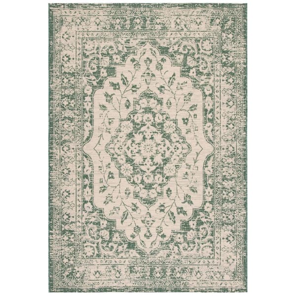 Courtyard 2 ft. x 4 ft. Beige/Dark Green Border Floral Medallion Indoor/Outdoor Area Rug