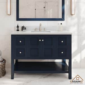 48 in. W x 22 in. D x 35.4 in. H Single Sink Solid Wood Bath Vanity in Navyblue with White Natural Marble Top and Mirror