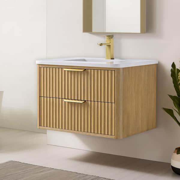 Keith 30 in. W x 20 in. D x 20 in. H Single Sink Wallmount Bath Vanity in Sunlit Oak with Carrara Engineered Stone Top