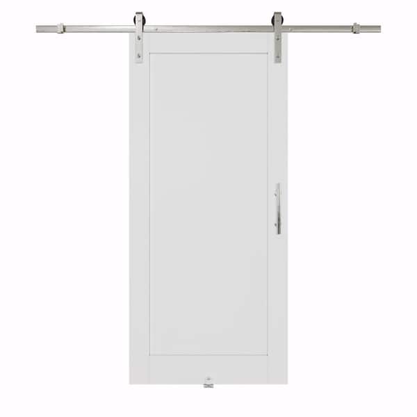 36 in. x 80 in. White 1-Panel Blank Solid Core Composite MDF Primed Sliding Barn Door with Hardware Kit Nickel Plated