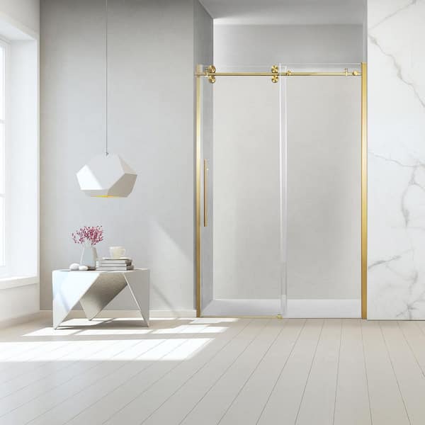 ROSWELL Massa 48 in. W x 76 in. H Sliding Frameless Shower Door/Enclosure in Brushed Gold with Clear Tempered Glass